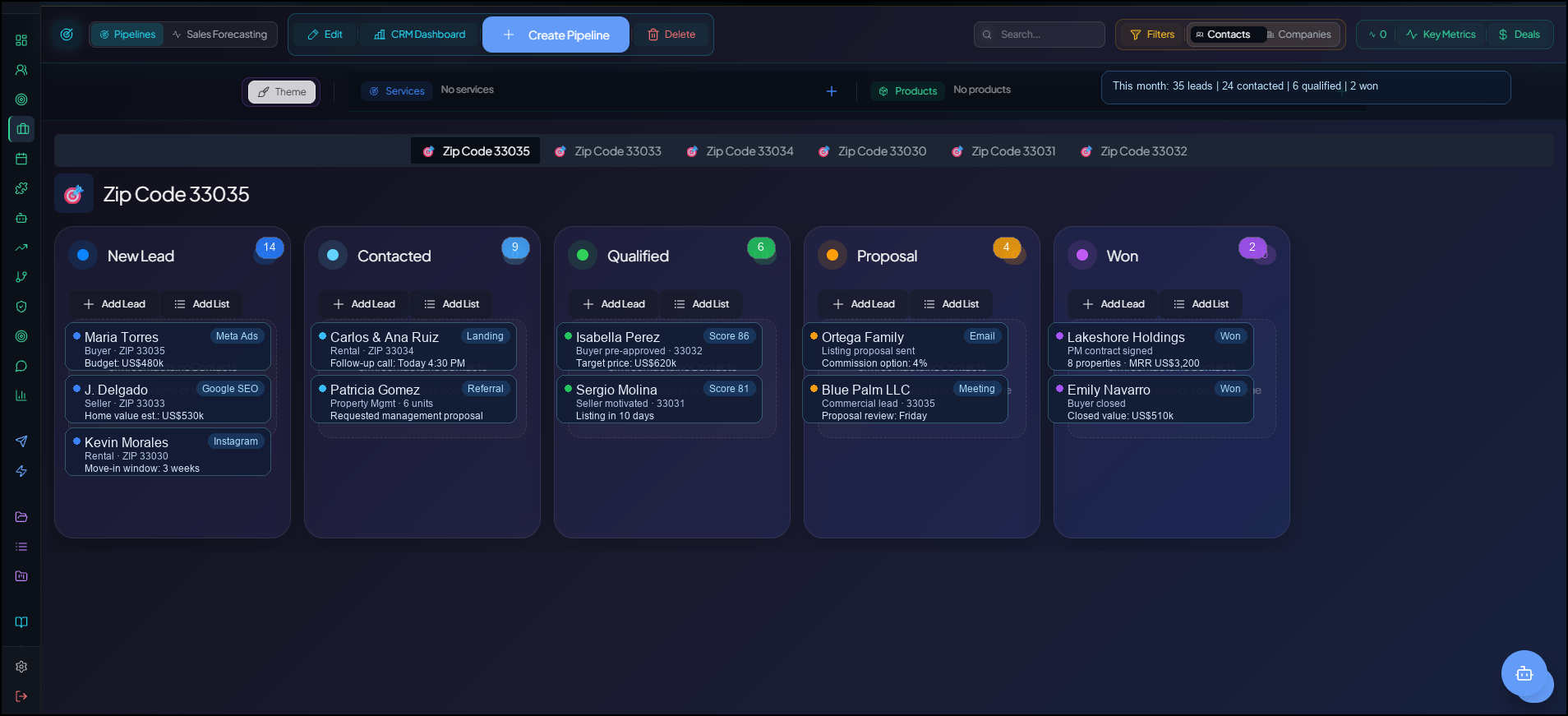 CRM pipeline interface